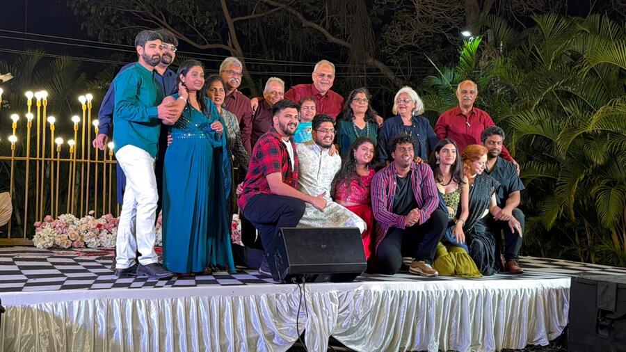 Group on stage at party